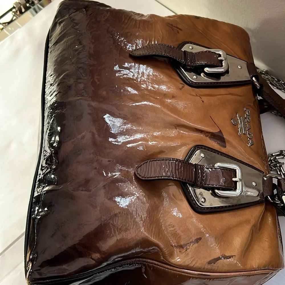 Prada Brown Vernice Sfumata Ombré Patent Leather Satchel Crossbody Bag